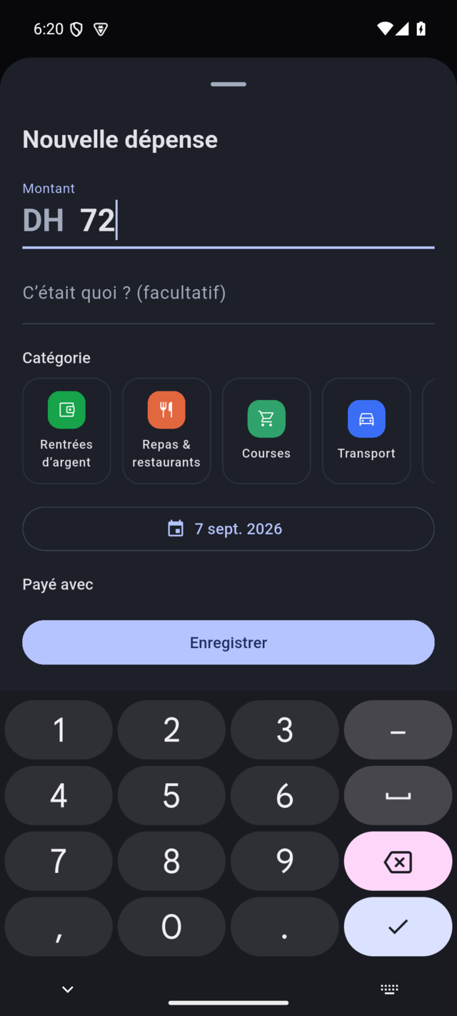 La feuille d'ajout de dépense avec un pavé numérique et des pastilles de catégories