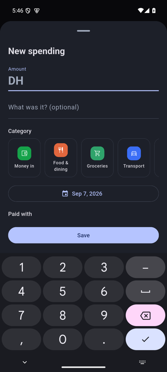 The add-spending sheet with a number pad and category chips
