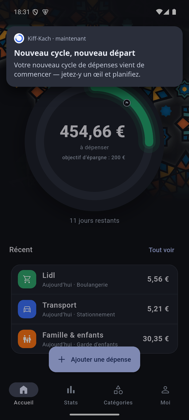Une notification Kiff-Kach annonçant le début du nouveau cycle de dépenses