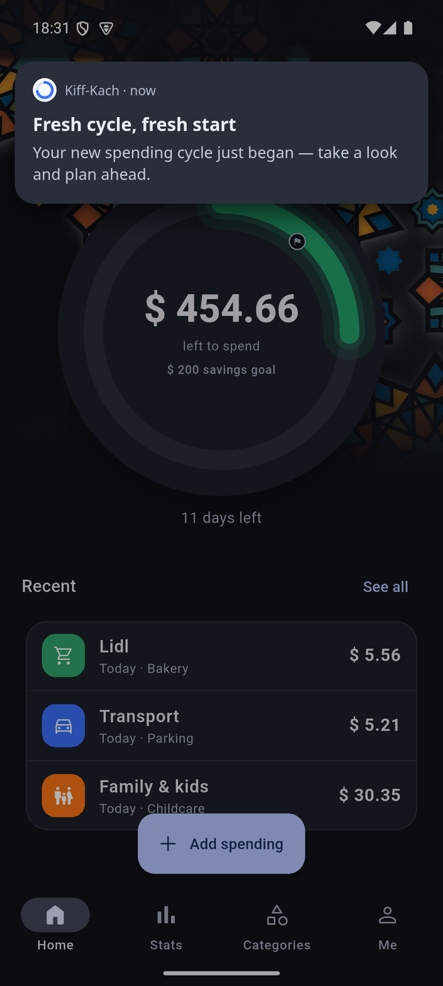 A Kiff-Kach notification saying your new spending cycle just began