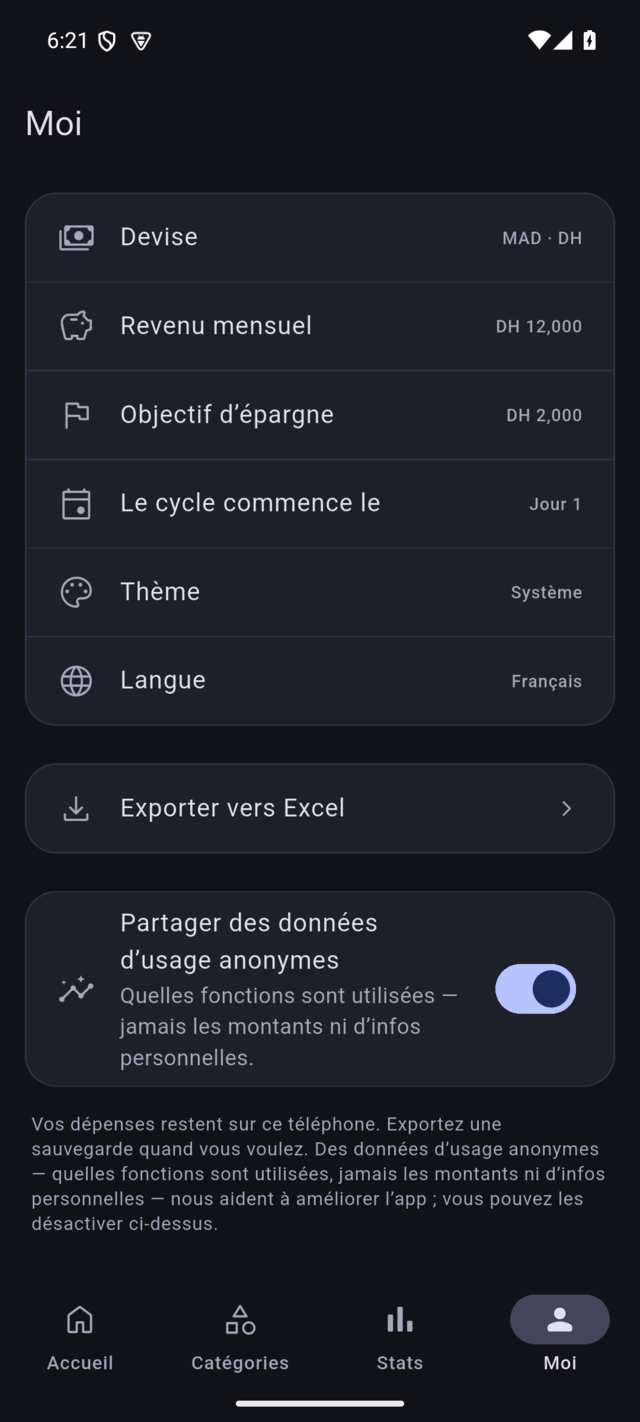 Écran des réglages montrant Exporter vers Excel et l'interrupteur des données d'usage anonymes