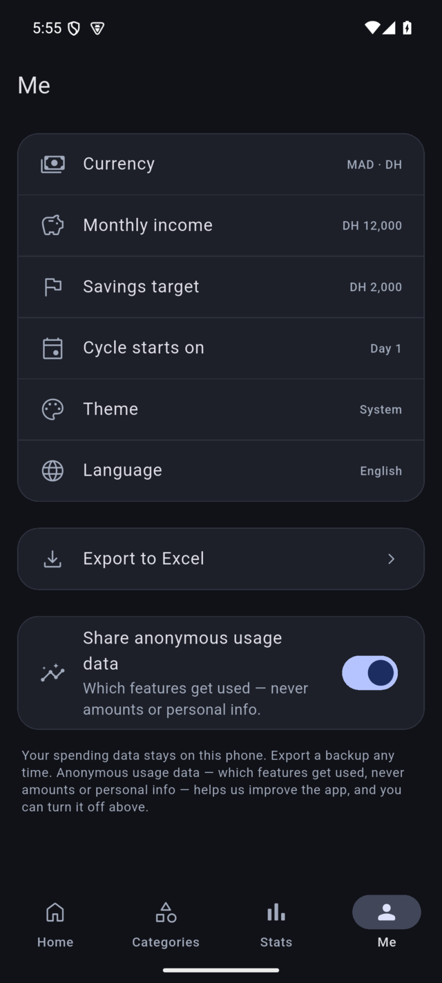Settings screen showing Export to Excel and the anonymous-usage toggle